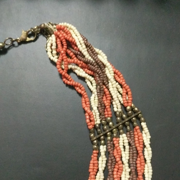Cream Orange Brown Twisted Seed Bead Layered Multi Strand Statement Necklace - Picture 3 of 3
